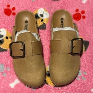 Makris Tan Suede Buckle Clog Mules